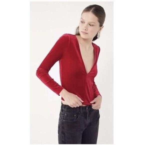 Urban Outfitters Bree Red Metallic Deep Plunge Velvet Long Sleeve Top XS - Picture 1 of 6